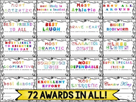 Class Awards Ideas, Kindergarten Awards, Funny Awards Certificates, Awards For Students, Classroom Awards Certificates, School Award Certificates, Kindergarten Graduation Ideas, Camp Awards, End Of Year Awards