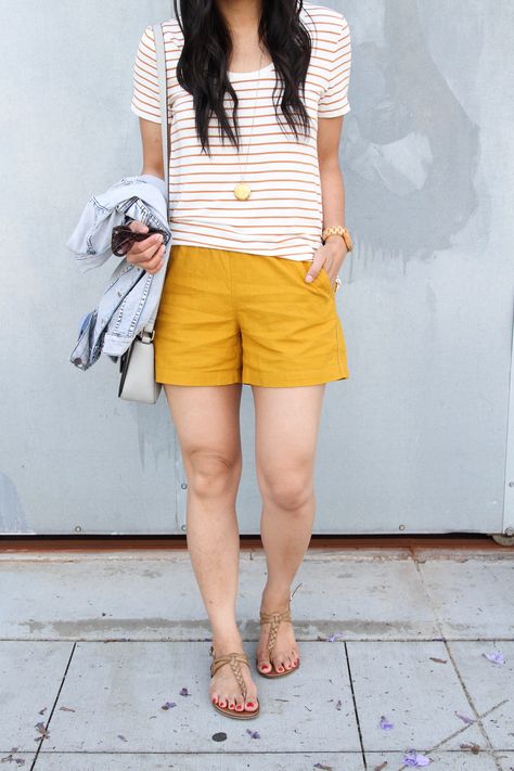 striped tee + mustard shorts + tan sandals + denim jacket Mustard Yellow Shorts Outfit, Mustard Shorts Outfit, Casual Shorts Outfit For Women, Cotton Shorts Outfit, Yellow Shorts Outfit, Striped Shorts Outfit, Mama Outfits, Shorts Outfit Ideas, Types Of Shorts