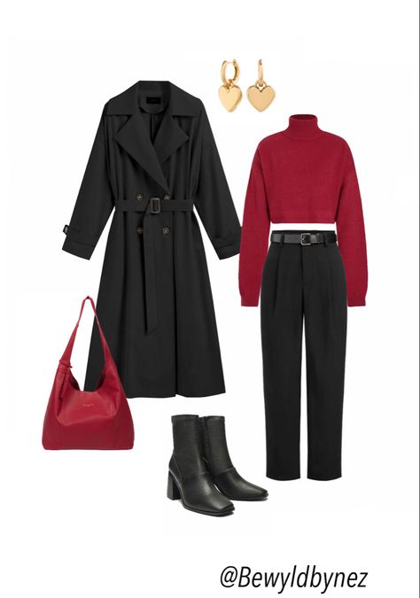 Red and black fall outfit inspo Coat Fall Outfit, Black Coat Outfit, Trench Outfit, Black Fall Outfits, Trench Coat Fall, Red And Black Outfits, Black Minimal, Fashion Sketches Dresses, Sketches Dresses