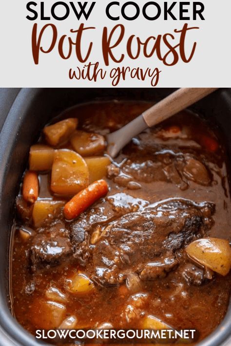 A classic meal with a few updates, this Slow Cooker Pot Roast with Gravy is easy to make and cooks with the gravy right in the pot for the perfect one-pot meal! #slowcooker #potroast #beefrecipes Pot Roast With Gravy, Roast Beef Crock Pot Recipes, Roast With Gravy, Crockpot Roast Recipes, Slow Cooker Pot Roast, Pot Roast Crock Pot Recipes, Cooking A Roast, Beef Pot Roast, Slow Cooker Roast