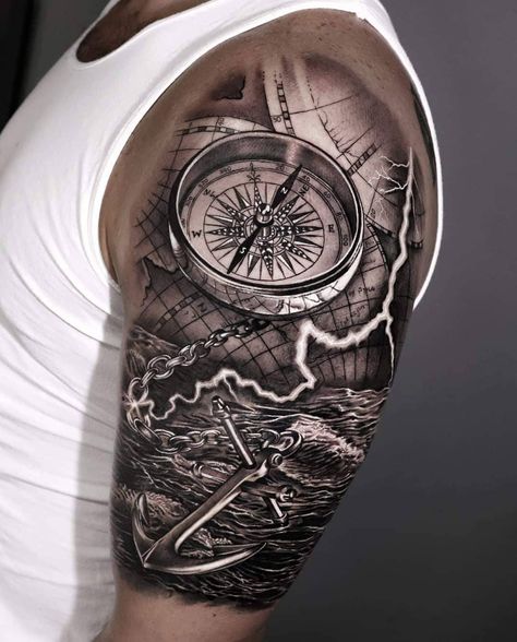 Compass Tattoo Men, Nautical Tattoo Sleeve, Tricep Tattoos, Navy Tattoos, Unique Half Sleeve Tattoos, Chest Tattoo Ideas, Feminine Skull Tattoos, Dragon Tattoos For Men, Half Sleeve Tattoos Drawings