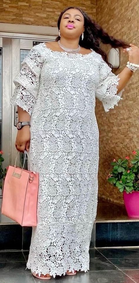 African White Lace Dress Styles Long, White Lace Kaftan Styles Nigerian, Caftan Lace Gown, Lace Boubou Gown Style, Loose Lace Dress Styles Ghana, White Lace Kaftan Styles For Women, Lace Styles For Older Women, Lace Caftan Styles, Lace Kaftan Styles For Women