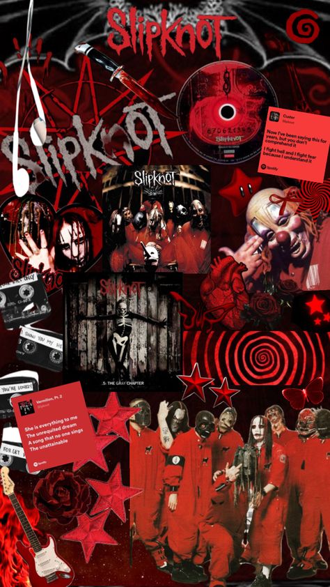 Slipknot in red and black with some stickers albums and some quotes Arte Heavy Metal, Really Cool Wallpapers, Punk Wallpaper, Slipknot Band, Red And Black Wallpaper, Harley Davidson Art, Silly Bands, Emo Wallpaper, Band Wallpapers