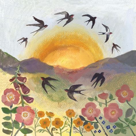 Gemma Koomen (@gemmakoomen) • Instagram photos and videos Lucy Campbell, Watercolor Painting Ideas, Sun Illustration, Tiny Studio, Moon And Sun, The North Pole, Swallows, Rose Cottage, Summer Solstice