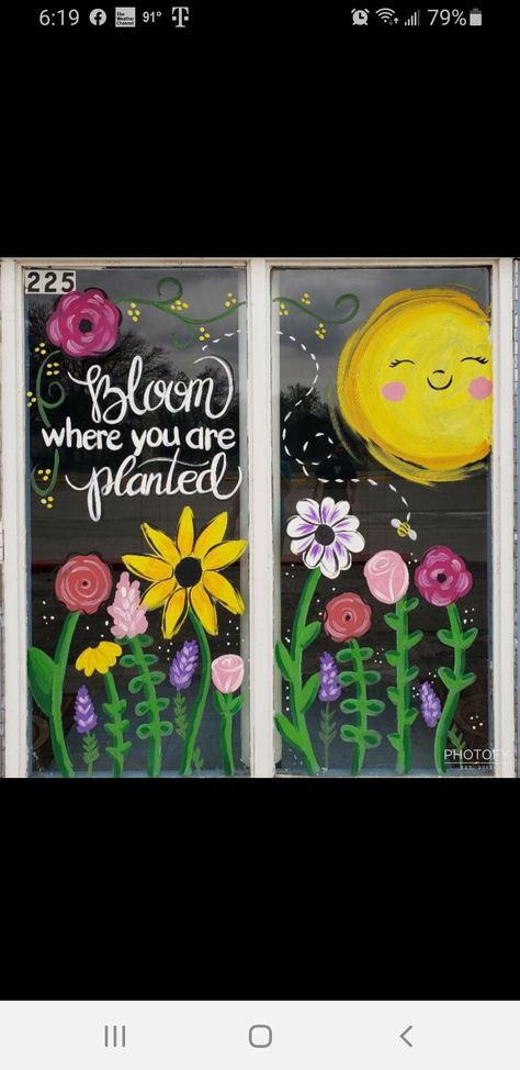 May Window Display Preschool, Flowers Window Painting, Window Art For Classroom, Flower Window Drawing, Spring Window Display Ideas School, May Window Display Ideas, Window Drawing Ideas Spring, April Window Art, Window Flowers Painting