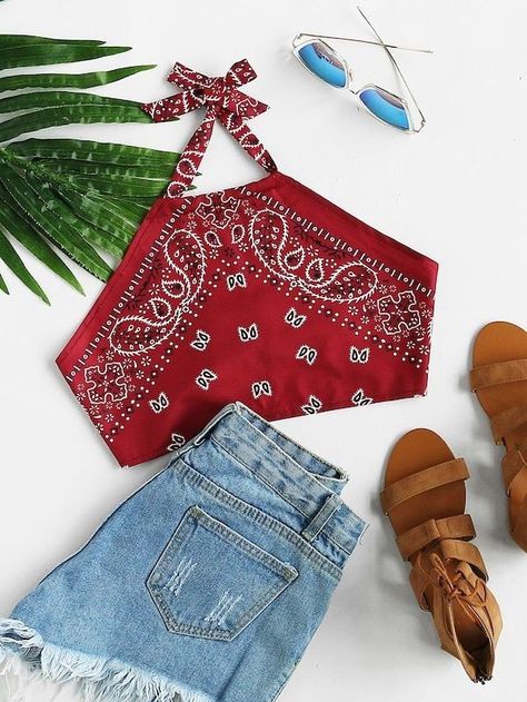 Bandana Diy, Halter Shirt, New Fashion Clothes, Backless Shirt, Beach Blouse, Halter Neck Crop Top, Bohemian Tops, Shirts Women Fashion, Red Bandana