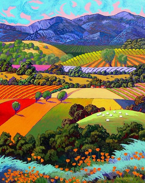 Superb Landscape Art To Keep The Outdoors With You At All Times … More #LandscapeArt David Hockney, Arte Naive, Landscape Quilts, California Wine, Southwest Art, 수채화 그림, Lukisan Cat Air, Naive Art, Rolling Hills