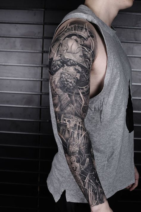 Realistic Full Sleeve Tattoo, Greek God Tattoo Sleeve Men, One Arm Sleeve Tattoo Men, Full Sleeves Tattoos For Men, Full Sleeve Black And Grey Tattoo, Roman Sleeve Tattoo Men, Mens Black And Grey Sleeve Tattoo, Men Greek Tattoos, Greek Mythology Full Sleeve Tattoo