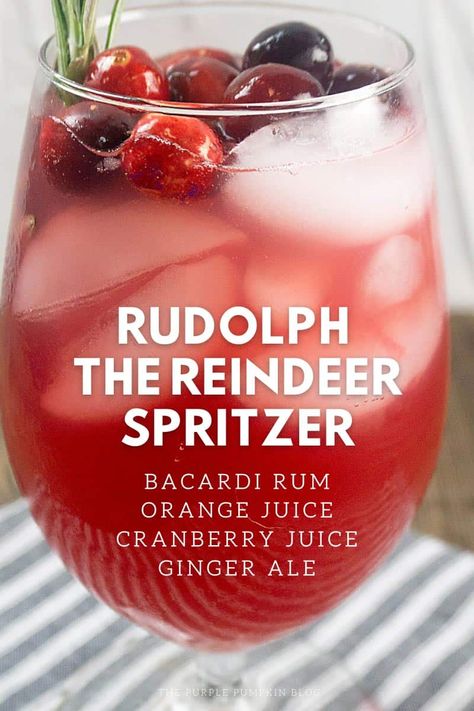 Holidays are coming up and it's time to start thinking about holiday cocktails. This Rudolph the Reindeer Spritzer is a festive drink that is sure to be a hit at your next party! The ingredients for this cocktail are Bacardi, ginger ale, orange juice, and cranberry juice. Don't forget the red noses (fresh cranberries)! Rudolph’s Red Nose Punch, Santa Claus Cocktail, Cranberry Orange Juice Punch, Bad Santa Drink, Rudolph Drink Cocktail Recipes, Rudolph Punch Alcohol, Fun Holiday Alcoholic Drinks, Smirnoff Red White And Merry Cocktails, Rudolph Tipsy Spritzer