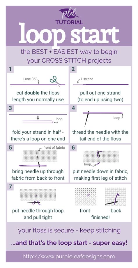 Loop Start Tutorial ◦ easily begin cross stitch projects • Purple Leaf Designs Cross Stitch Loop Start, Loop Start Cross Stitch, Biscornu Cross Stitch Pattern, Starting Cross Stitch, How To Finish A Cross Stitch Project, Cross Stitch Tutorial Beginning, Beginning Cross Stitch, How To Finish Cross Stitch Projects, Cross Stitch Tapestry Pattern