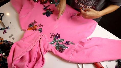 Sequins Embroidery Tutorial, Diy Sequin Top, Diy Sequin, Beaded Sweatshirt, Nutcracker Shirt, Sequin Tshirt, Sequin Ornaments, Sequin Hoodie, Hoodie Tutorial