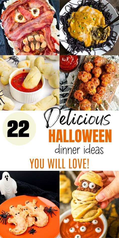 Serve up fun and frightening dishes this Halloween with simple and quick Halloween dinner ideas. From spooky entrees to hilarious Halloween food ideas, your party will be both scary and amusing! Halloween Fun Recipes, Scary Halloween Meals, Main Course For Halloween Party, Halloween Foods For Adults, Spooky Meals For Kids, Spooky Main Dishes For Halloween, Halloween Food Main Dish, Halloween Main Dish Ideas For Parties, Halloween Mini Quiche