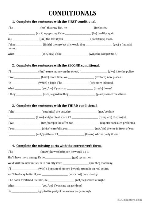 This ESL worksheet should help learners understand how to form each conditional type. They start off with the completion of each type one by one, the last exercise sums up what the learner has already practised as it contains all the three conditional types mixed and they have to find out which one it is and then complete it with the correct verb form. The key is included to check the right answers. Mixed Conditionals Grammar, Conditional Type 1 And 2 Worksheet, Mixed Conditionals Worksheet, Conditionals Grammar, First Conditional, Esl Flashcards, English Story Books, Basic English Grammar Book, English Grammar Notes