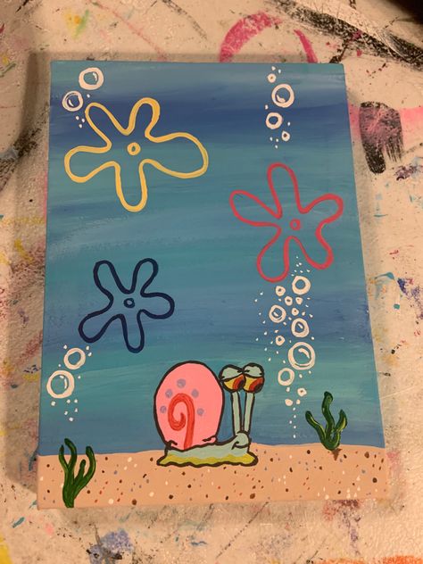 Spongebob Things To Draw, Easy Paintings Spongebob, Cartoon Art Spongebob, Spongebob Pop Art, Spong Bob Painting, Painting Ideas Tiny Canvas, Spongebob Sky Painting, Ocean Themed Paintings Easy, Sponge Bob Painting Ideas