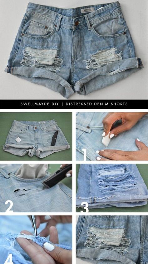 Distressed Shorts Diy Jean Shorts, Denim Hacks, Diy Distressed Jeans, Jean Diy, Diy Ripped Jeans, Shorts Diy, Diy Clothes Refashion, Shorts Tutorial, Diy Shorts