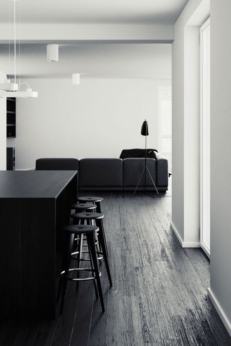 Minimalist Dekor, Black And White Living Room, Black Bedroom Furniture, Black Interior Design, Dark Wood Floors, White Living, Minimalist Interior Design, White Living Room, Black Furniture