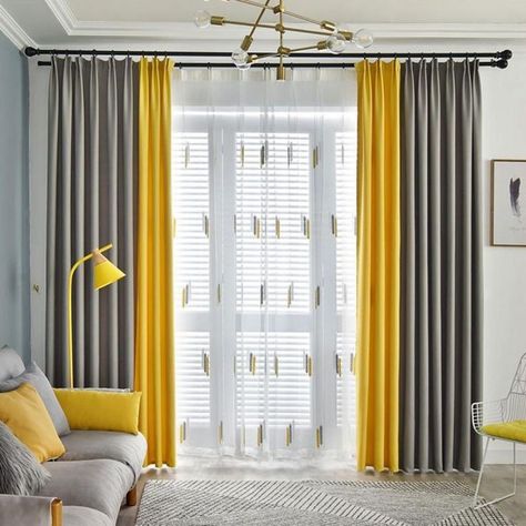 Curtains For Drawing Room, Yellow Curtains Living Room, Grey Curtains Living Room, Grey And Yellow Living Room, Patterned Curtains, Curtains Living Room Modern, Patchwork Curtains, Yellow Curtains, Living Room Decor Curtains