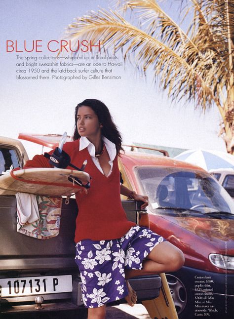 "BLUE CRUSH", Adriana Lima by Gilles Bensimon. | Elle Magazine February 2003 ( ... Gilles Bensimon is hands down one of my favorite fashion photographers, especially the era when he was creative director of Elle US. - AJordanGordon ) Blue Crush Movie, Crush Photography, Gilles Bensimon, Adriana Lima Young, Roxy Surf, Elle Us, 90s Models, Surfer Style, Blue Crush