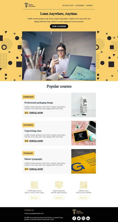 Customize this email design template with your content and push it to you favorite sending platform, such as Mailchimp, Sendinblue, Hubspot, Campaign Monitor etc. BEE is the easiest and quickest way to design elegant, mobile responsive emails, starting from scratch or from our 440+ ready-to-use templates. Visit the link above to have a look to our template! #emaildesign #emailtemplate #onlinecourse   Designed by Regina Tagirova Elegant Email Design, Hubspot Email Design, Email Campaign Design, Mailchimp Newsletter Design, Emailer Design, Email Newsletter Inspiration, Professional Email Templates, Newsletter Template Mailchimp, Mailing Design