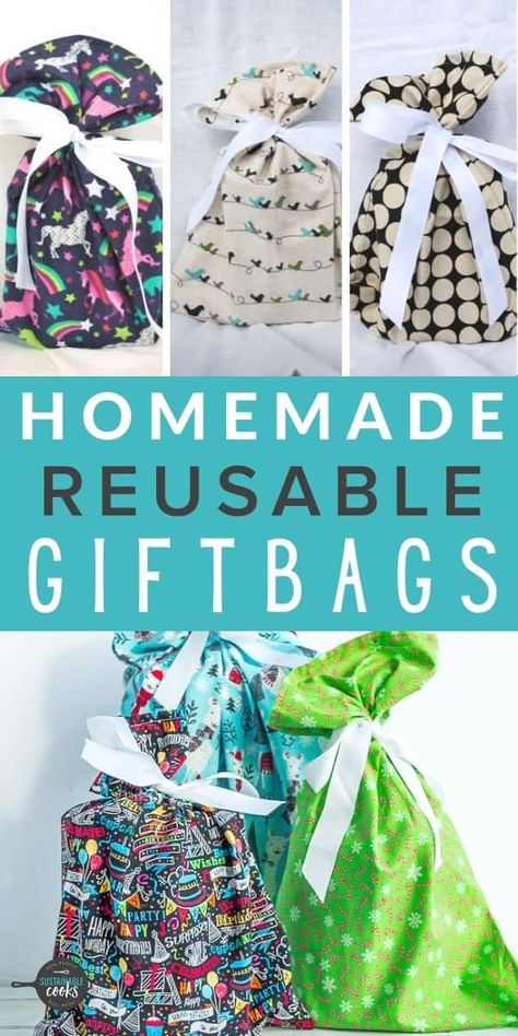 Gift Bags Diy Christmas, Small Gift Bags Diy, Fabric Christmas Bags, Reusable Wrapping Paper, Homemade Gift Bags, How To Make A Gift Bag, Fabric Wrapping Paper, Reusable Gift Wrap, Diy Sewing Gifts