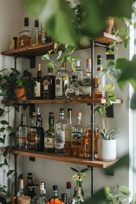 Creative DIY Bar Shelf Ideas for Your Home Wine Bar Home Ideas, Bottle Shelf Ideas, I’m Home Bar Ideas, Bourbon Display Ideas For Home, Bar At Home Aesthetic, Shelf Bar Design, Aesthetic Home Bar, Small Bar Wall Ideas, House Bar Aesthetic