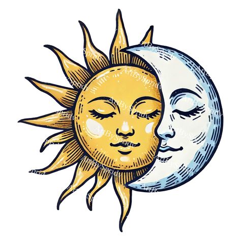 Sun And Moon Boho Art, Sun And Moon Clipart, Celestial Drawing Ideas, Moon Icon Png, Sun Face Drawing, Sun Art Drawing, Moon With Face Tattoo, Suns With Faces, Sun Illustration Art