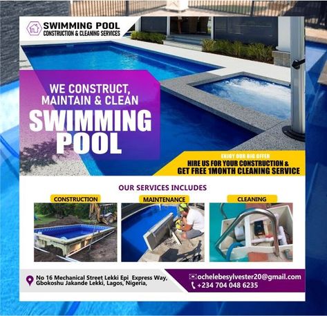 Swimming pool flier Swimming Pool Ads, Poster Swimming, Swimming Pool Construction, Construction Cleaning, Graphic Design Flyer, Pool Service, Pool Construction, Swimming Pool Designs, Pool Cover