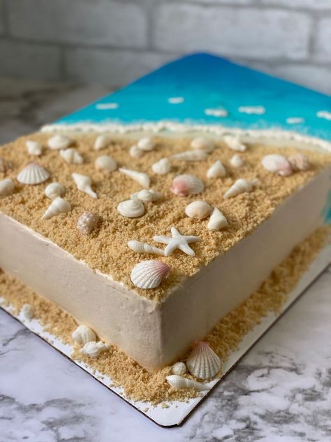 Chocolate Seashells, Vanilla Cake With Buttercream, Ocean Birthday Cakes, Summer Birthday Cake, Pastel Rectangular, Beach Birthday Cake, Cake With Buttercream Frosting, Beach Themed Cakes, Beach Cake