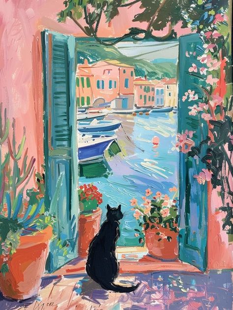 Matisse Window Paintings, Matisse Window, Window View Painting, Matisse Open Window, Henri Matisse Paintings, Matisse Cat, Matisse Inspired Art, Henri Matisse Art, Black Cat Sitting