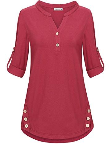 MOQIVGI Women's 3/4 Cuffed Sleeve Henley Shirts Fashion Casual V Neck Tunic Tops V Neck Tunic, Casual Skirt Outfits, Cuffed Sleeve, Elegante Casual, Women Tunic Tops, Dress Shirts For Women, Fashion Winter, Jewel Neck, Ladies Dress Design