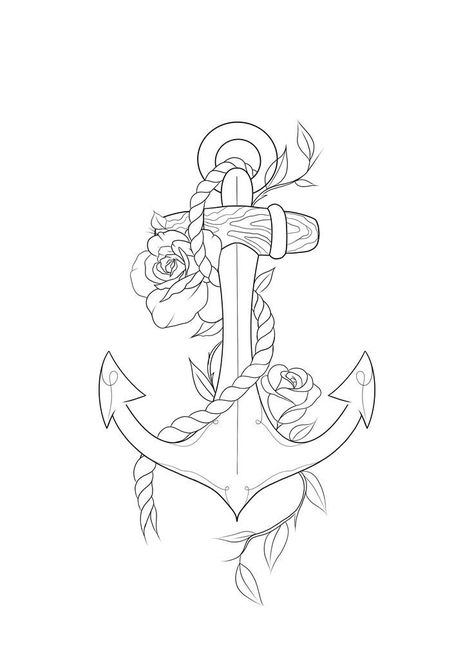 Anchor Drawing With Flowers, Anchor Tattoo Drawing, Anchor With Flowers Tattoo, Rose And Anchor Tattoo, Beginner Tattoo Stencils Outline, Beginner Tattoos Ideas, Ancora Tattoo, Beginner Tattoo Stencils, Anchor Drawing