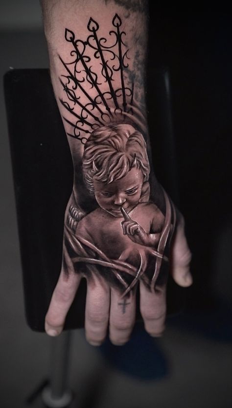 Hand tattoo angel tattoo Gothic Finger Tattoos For Women, Angel On Hand Tattoo, Tattoos Na Mao, Evil Hand Tattoo, Devil Angel Tattoo, Angel Hand Tattoo, Payasa Tattoo, Eagle Wing Tattoos, Finger Tattoos Words