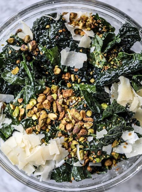 Parmesan Pistachio Kale Salad #parmesanpistachio #kalesalad Lacinato Kale Salad, Salad Parmesan, Macro Foods, Lemon Kale Salad, Sharing Plates, Sandwich Cakes, Lacinato Kale, Roasted Pistachios, Dinosaur Kale