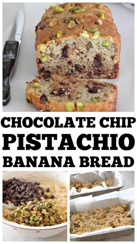 Chocolate Chip Pistachio Banana Bread! One of our very favorites! #bananabread #bananabreadrecipe #bestbananabread #chocolatechipbananabread Pistachio Bread, Pistachio Muffins, Pistachio Chocolate, Bread Banana, Nut Bread Recipe, Zucchini Banana Bread, Apple Cinnamon Bread, Homemade Banana Bread, Chocolate Chip Banana