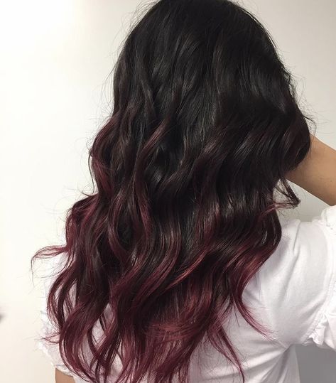 Black Cherry Balayage Brunettes, Black And Burgundy Hair Ombre, Ruby Wine Hair Color On Black Hair, Burgundy Tips Hair, Cherry Red Balayage On Black Hair, Black Cherry Highlights On Black Hair, Black And Cherry Hair, Half Burgundy Half Black Hair, Brown To Burgundy Hair Ombre