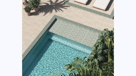 Gallery | Celine Tile and in Outdoor | Bedrosians Tile & Stone | Bedrosians Tile & Stone Waterline Pool Tile, California Outdoor, Porcelain Floor, Pool Tile, Moroccan Design, Interior Floor, Porcelain Flooring, French Countryside, Pool Patio