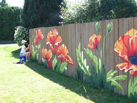 New mural on residential neighborhood fence is for community to enjoy | Whatcom News Fence Painting, Residential Neighborhood, Garden Fence Art, Garden Mural, Flower Mural, Fence Art, Flowers Painted, Fence Paint, Fence Decor