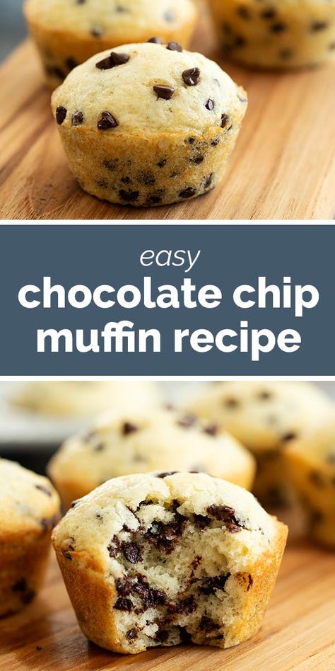 Start your morning off on a sweet note with this simple Chocolate Chip Muffin Recipe. These muffins take minutes to whip up the batter so you can have a sweet treat on the table in no time. #recipe #muffin #chocolate #baking #breakfast Recipes With Semi Sweet Chocolate Chips, Tasty Recipes For Dessert, Easy Chocolate Chip Muffin Recipe, Easy Muffin Recipes, Best Chocolate Chip Muffins, Basic Muffin, Chocolate Chip Muffins Easy, Baking Breakfast, Easy Chocolate Desserts