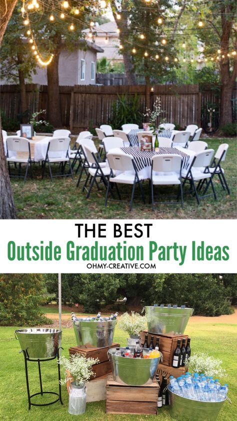 Rock your grad's party with these 15 awesome outdoor graduation party ideas! Awesome outside grad party ideas include outdoor games, grad party decor, photo booth and more fun outside party ideas! Ideas for graduation party centerpieces, backyard drink station, outdoor lighting are just a few of the things you need to consider before hosting an outdoor graduation party. #graduationpartyideas #outdoorgraduationpartyideas #gradparty #backyardparty #graduationpartydecor #highschoolgraduationparty Outside Grad Party, Outdoor Graduation Party Ideas, Outdoor Graduation Party, Grad Party Ideas, Outside Party, High School Graduation Party Decorations, College Grad Party, Backyard Graduation Party, Outdoor Graduation Parties