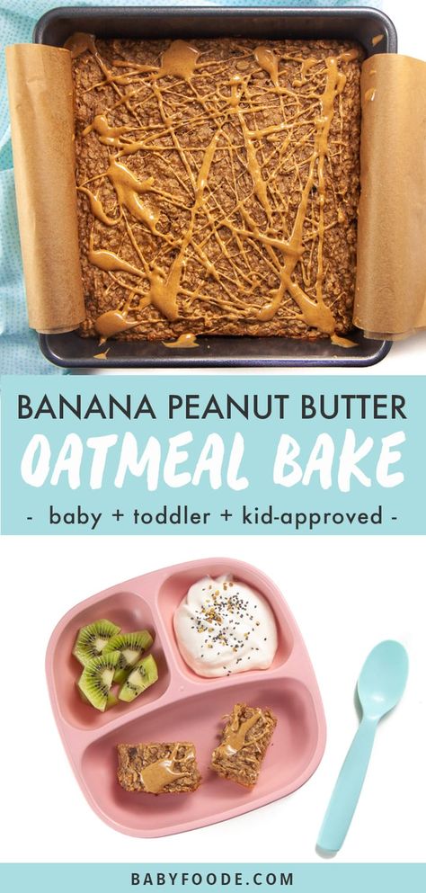 Banana Peanut Butter Oatmeal Bake: a fun, easy and wholesome breakfast or snack that kids of all ages will love! Plus this Oat Bake is made with pantry staples, in one-bowl and with a prep-time of less than 10-minutes! #toddler #kid #breakfast #pantry Peanut Butter Oatmeal Bake, Oat Bake, Wholesome Breakfast, Peanut Butter Oat, Oatmeal Bake, Oatmeal Banana, Banana Peanut Butter, Toddler Breakfast, Peanut Butter Oats