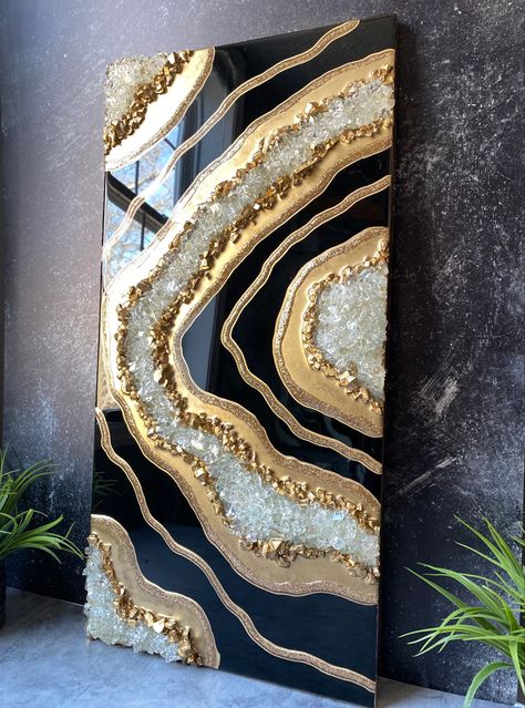 Artwork can be custom-made in any color to compliment your space. Black And Gold Geode Resin Art, Resin Geode Art Tutorial, Black Resin Art, Geode Art Print, Diy Resin Painting, Epoxy Wall Art, Diy Resin Wall Art, Black And Gold Wall Art, Black And Gold Wall