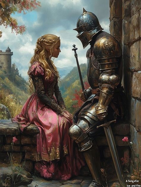 Westeros  (George R.R. Martin's "A Song of Ice and Fire") Medieval Princess Aesthetic, Knight And Princess, Fantasy Knight, Fantasy Romance Art, African Figurines, Medieval Romance, Medieval Princess, Song Of Ice And Fire, My Fantasy World