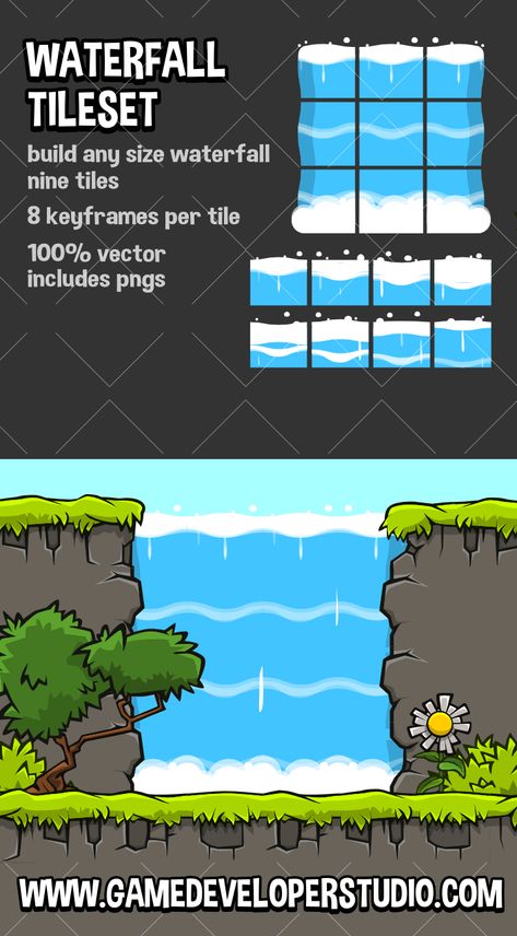 Waterfall tileset 2d game tiles 2d Platformer Tileset, 2d Tileset, Monster Shadow, Pixel Sorting, 2d Platformer, Game Level Design, Tiles Game, Indie Game Art, Map Games