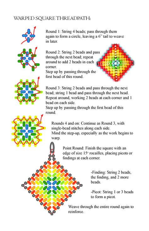 Size 15 Seed Bead Patterns, Warped Square Pattern, Beaded Warped Squares, Seed Bead Granny Square, How To Seed Bead Bracelet, Geometric Beading Patterns, Seed Bead Stitches, Free Seed Bead Patterns Tutorials, Seed Bead Weaving Patterns