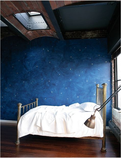 one day.. kids room.                                                                                                                                                                                 More Starry Night Bedroom, Bohemian Bedrooms, Bohemian House, Wooden Floors, Room Deco, Dream Wall, Bohemian Bedroom, Blue Bedroom, Blue Walls