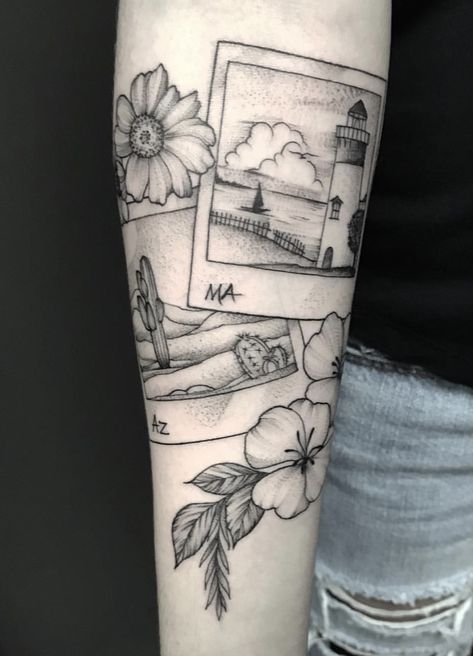 Tattoo Of Polaroid, Polaroid Picture Tattoo Sleeve, Wildflower Sleeve Tattoo Black And White, Polaroid Outline Tattoo, Poloroid Tattoo Simple, Polaroid Sleeve Tattoo, Polaroid Picture Tattoo Ideas, Tattoos With Frames, Post Card Tattoo Ideas