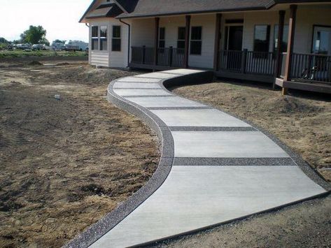 Front Yard Exterior Ideas Concrete Walkway Curved Front Sidewalk, Poured Concrete Walkway, Concrete With Stamped Border, Cement Sidewalk Ideas, Curved Concrete Walkway, Stamped Concrete Border, Cement Walkway Ideas, Stamped Sidewalk, Front Sidewalk Ideas