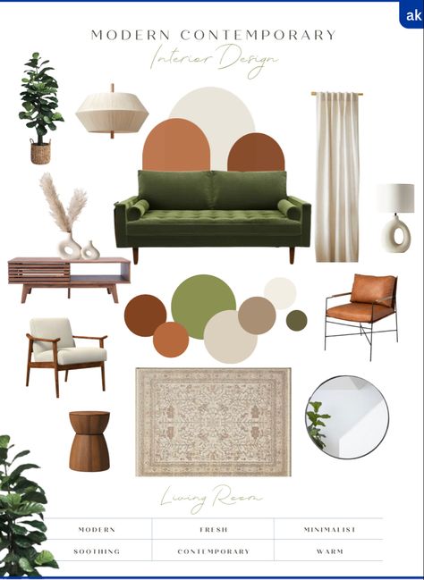 Olive Green And Cognac Living Room, Neutral Tone Office Space, Earthy Living Room Green Couch, Modern Interior With Color, Olive Color Palette Living Room, Green Orange Brown Color Palette Living Room, Olive Room Decor, Earthy Home Decor Living Room, Organic Modern Pop Of Color