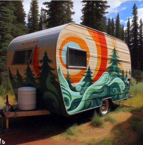 Tent Trailer Exterior Paint, Painting A Camper Exterior Glamping, Rv Murals Exterior, Painting Camper Exterior, Painted Camper Exterior, Camper Painting Exterior, Camper Mural, Meadow Mural, Painted Camper