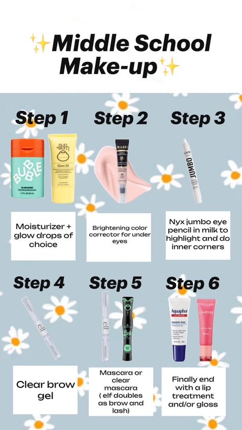 This is to give ideas, but really no middle schooler needs makeup, this is just a light idea to express yourself through makeup, that will be fine to wear (hopefully)! And anyone can try this, not only middle schoolers. Most of these products are drugstore and fairly cheap ☺️ Easy School Makeup, School Makeup Routine, Middle School Makeup, Back To School Makeup, Cute Middle School Outfits, Easy Makeup Tutorial, Cheap Makeup, Middle Schoolers, School Makeup